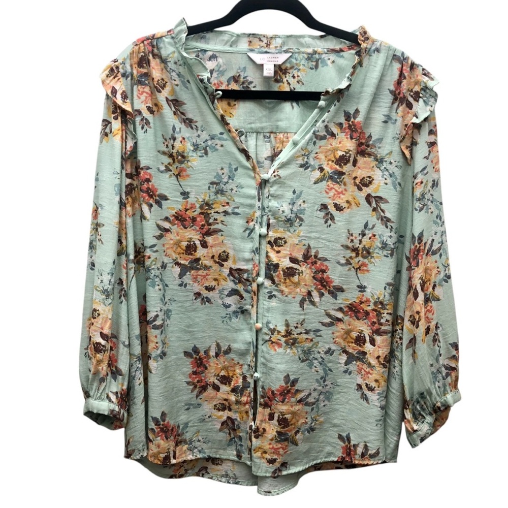 Lauren Conrad Blouse Womens 2XL Cottage Core Ruffle Button Front Long Sleeve Top